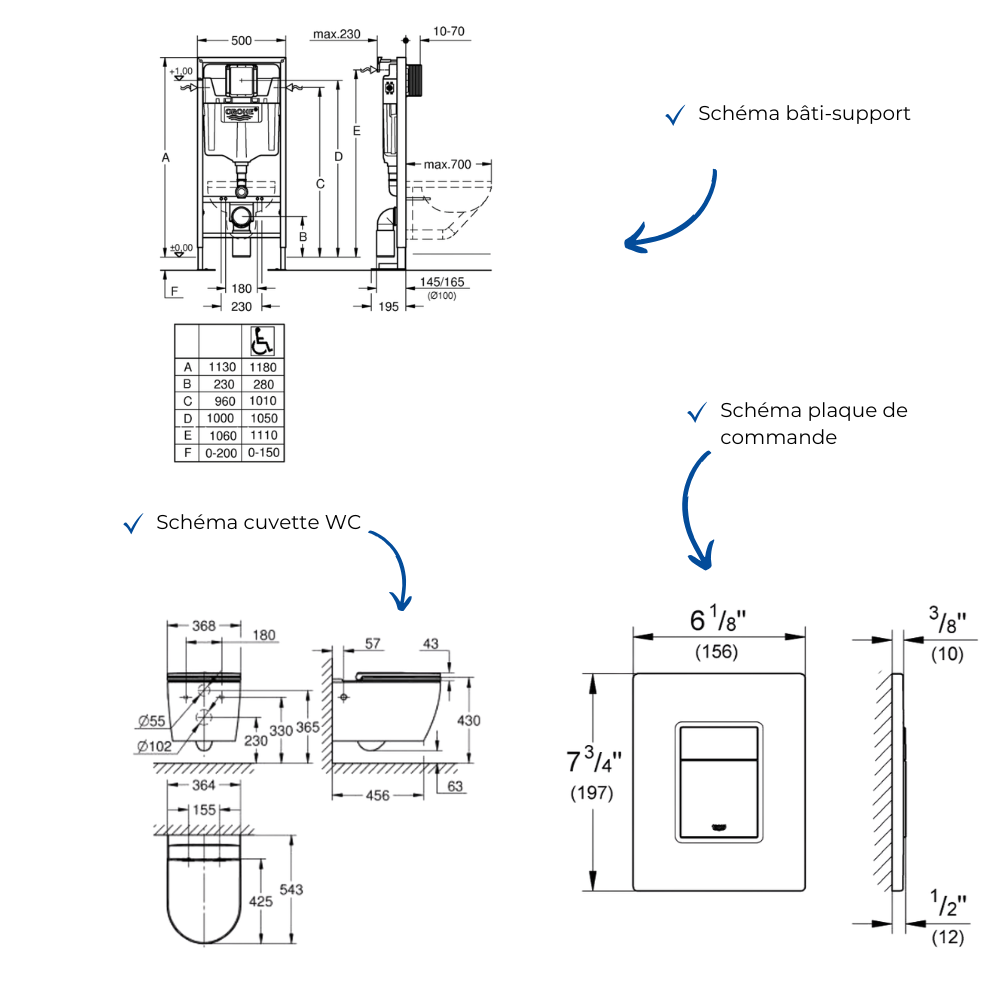 Pack bâti-support GROHE Solido + WC suspendu sans bride schéma