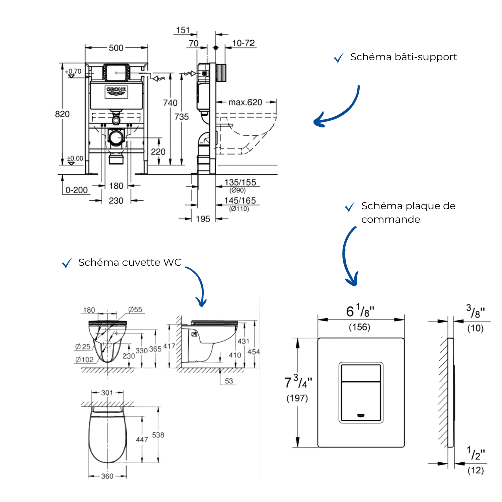 Pack bâti-support GROHE Rapid SL hauteur réduite schéma