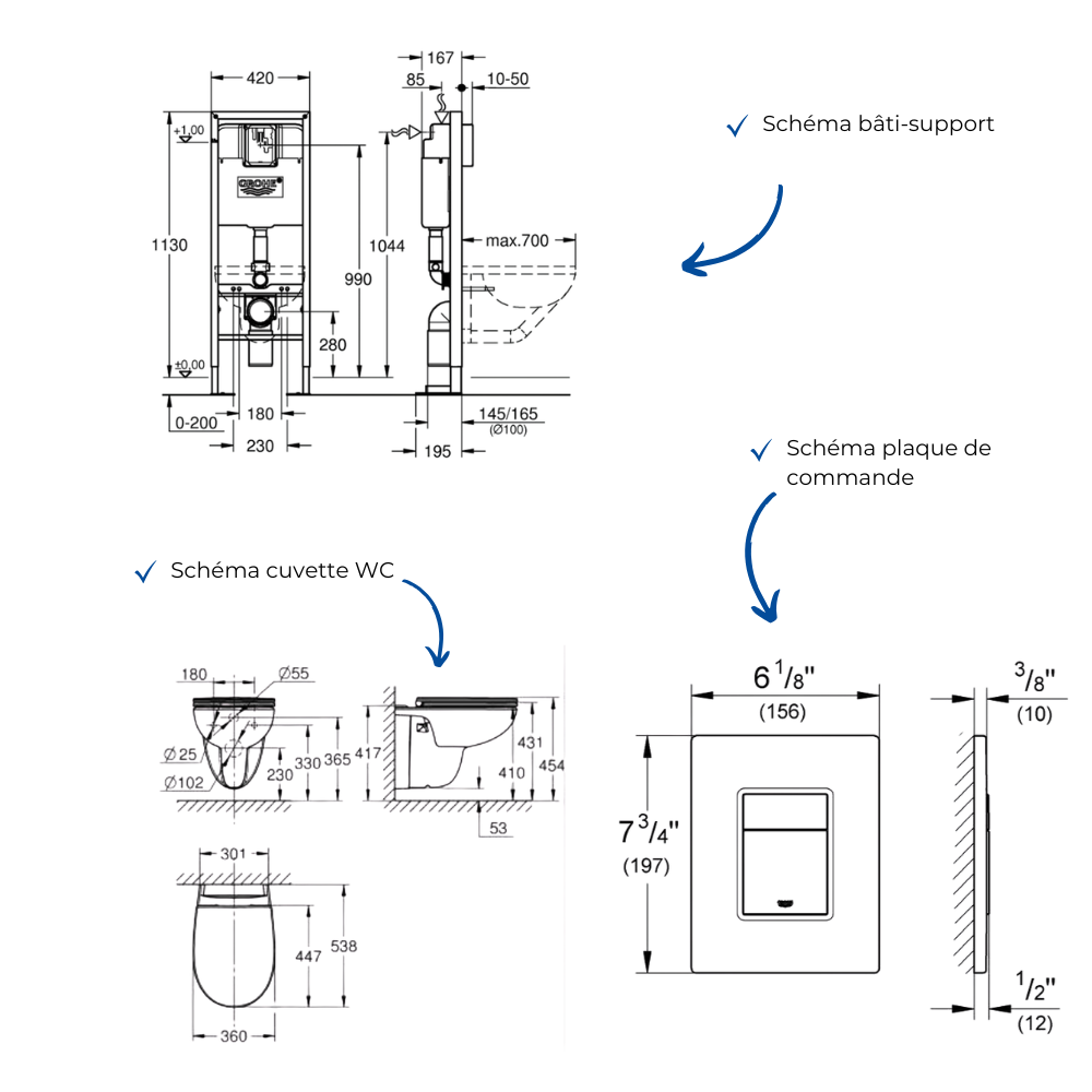 Pack bâti-support GROHE Rapid SL largeur réduite schéma
