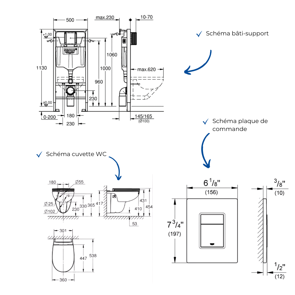 Pack bâti-support GROHE Rapid SL mur porteur schéma