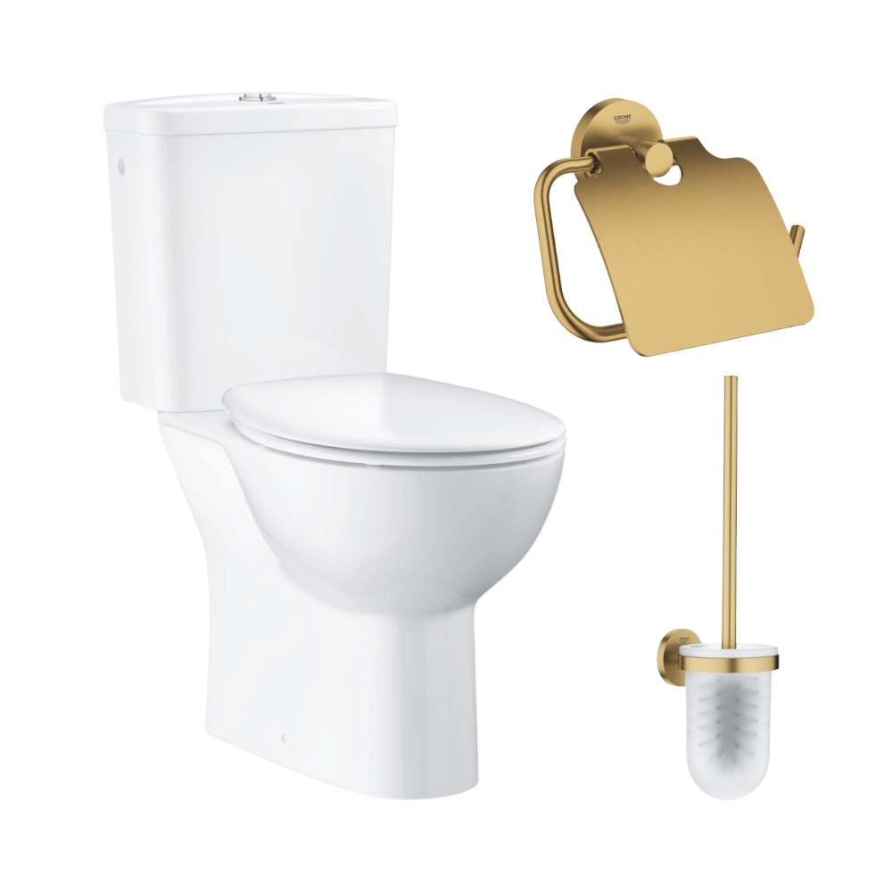 Pack WC à poser sans bride GROHE Quickfix abattant frein de chute + Dérouleur papier mural + Porte-balai Cool Sunrise face