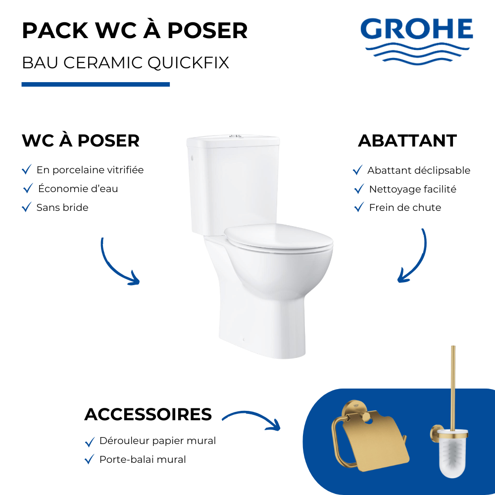 WC à poser sans bride GROHE Quickfix + Abattant frein de chute + Dérouleur papier mural + Porte-balai Cool Sunrise | Batinea