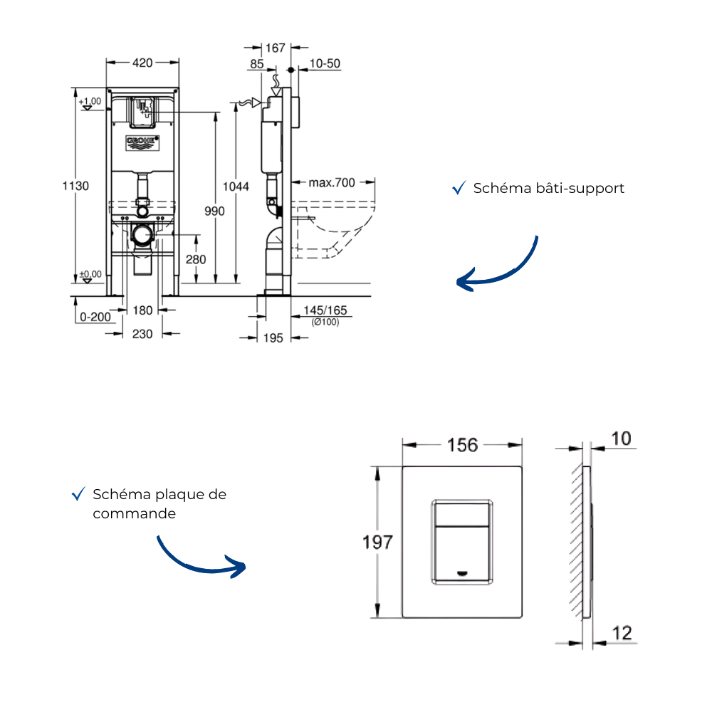 Bâti-support largeur réduite GROHE Rapid SL avec plaque commande Even noir mat schéma