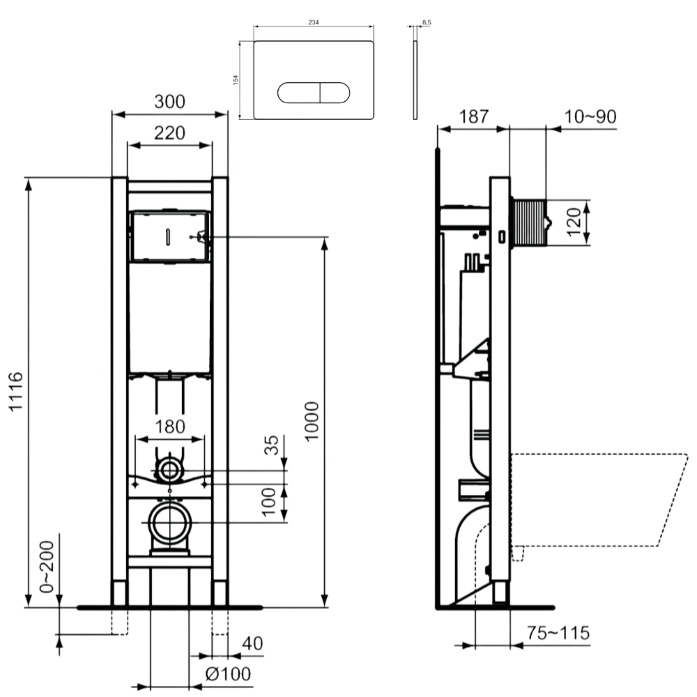 Bâti-support autoportant gain de place IDEAL STANDARD éco certifié NF + plaque restangle R042767_R0115AC | Batinea