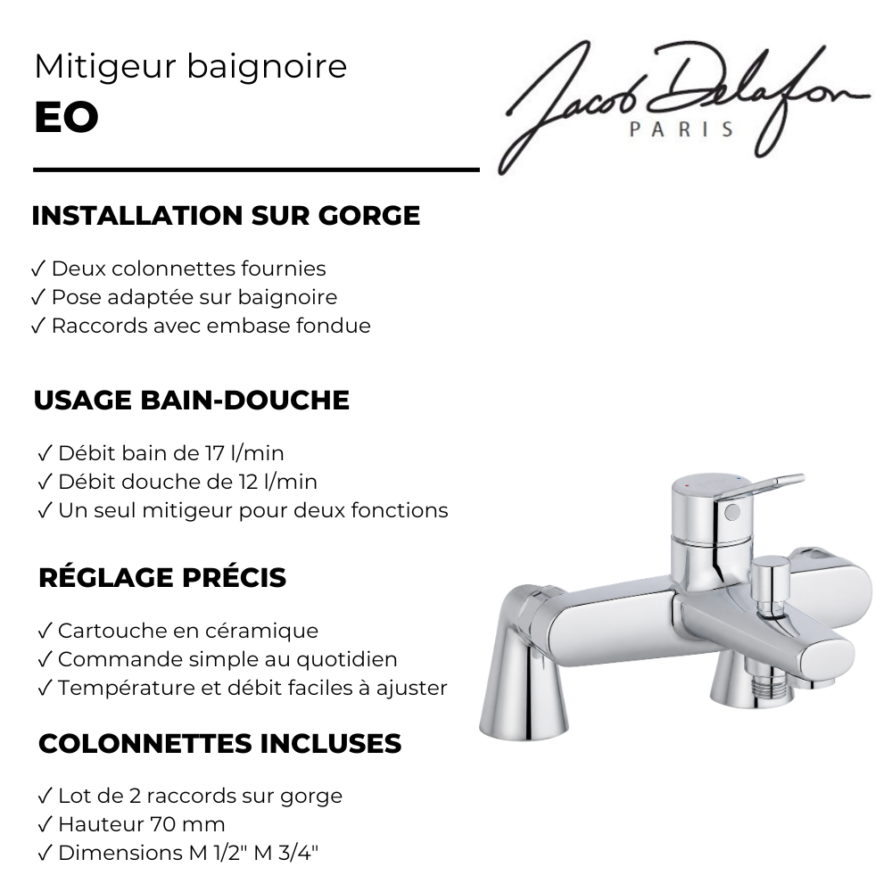 Mitigeur baignoire mécanique JACOB DELAFON Eo chromé avec colonnettes