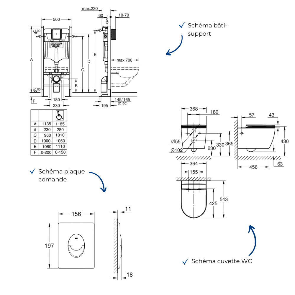 Pack WC suspendu sans bride GROHE Start Round Ceramic schéma