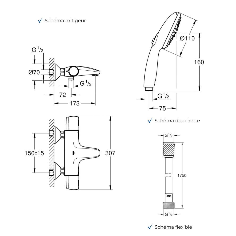 Pack GROHE Precision Trend avec colonnettes douchette ronde schéma
