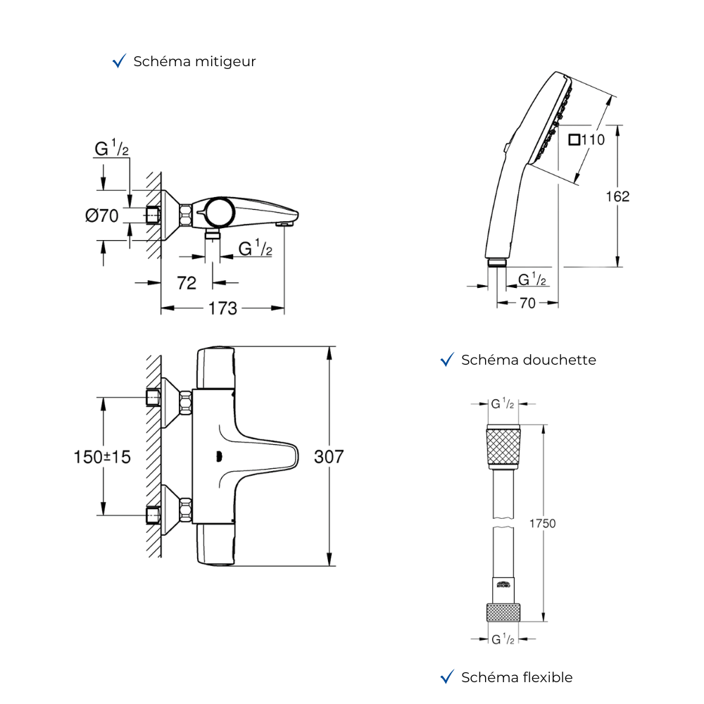 Pack GROHE Precision Trend avec colonnettes douchette carrée schéma