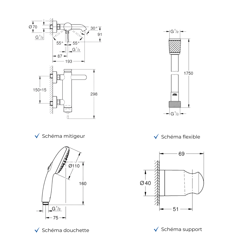Ensemble GROHE Essence avec colonnettes Idro'Flex douchette ronde et support schéma