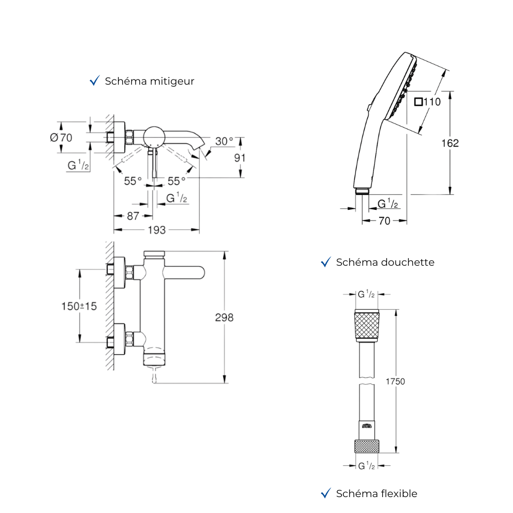 Ensemble GROHE Essence avec colonnettes Idro'Flex douchette carrée schéma
