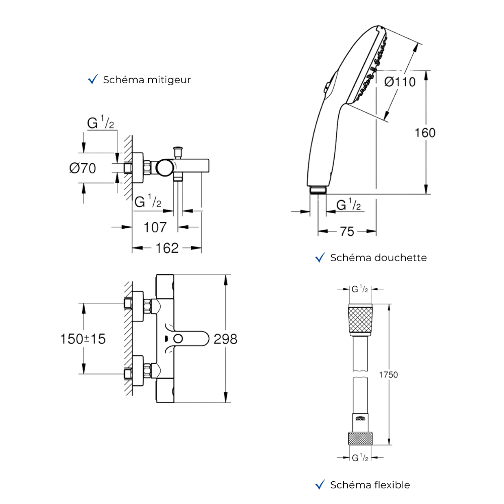 Ensemble GROHE Precision Get avec colonnettes douchette ronde schéma