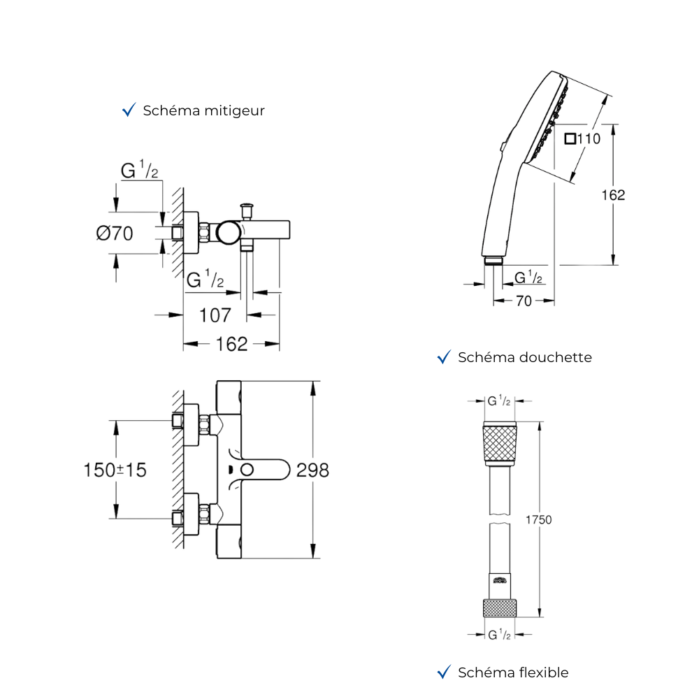 Ensemble GROHE Grohtherm 800 Cosmopolitan 1/2 avec colonnettes douchette carrée schéma
