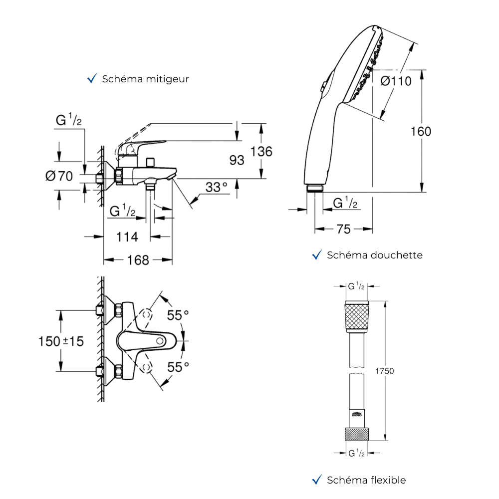 Ensemble GROHE Swift avec colonnettes douchette ronde schéma