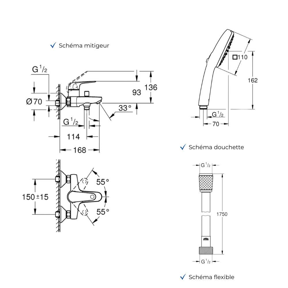 Ensemble GROHE Swift avec colonnettes douchette carrée schéma
