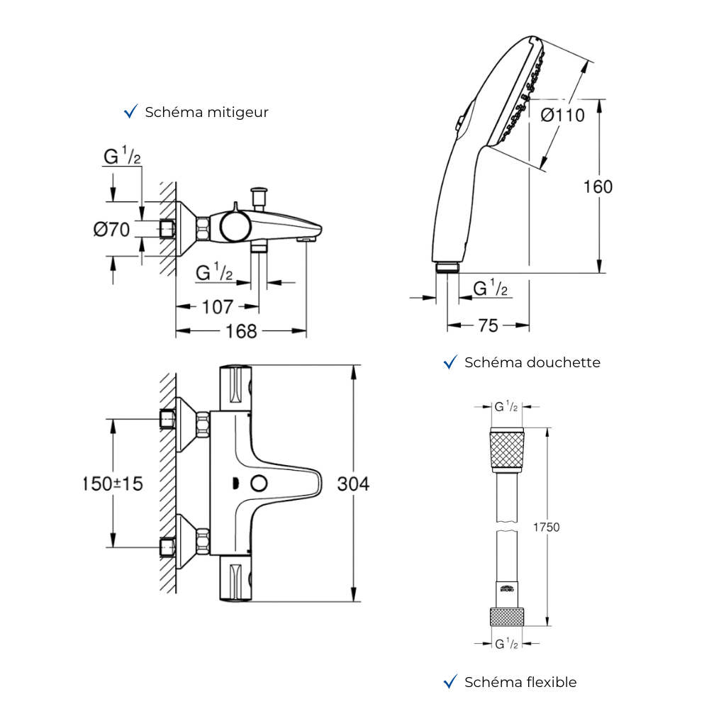 Ensemble GROHE Grohtherm 800 douchette ronde schéma
