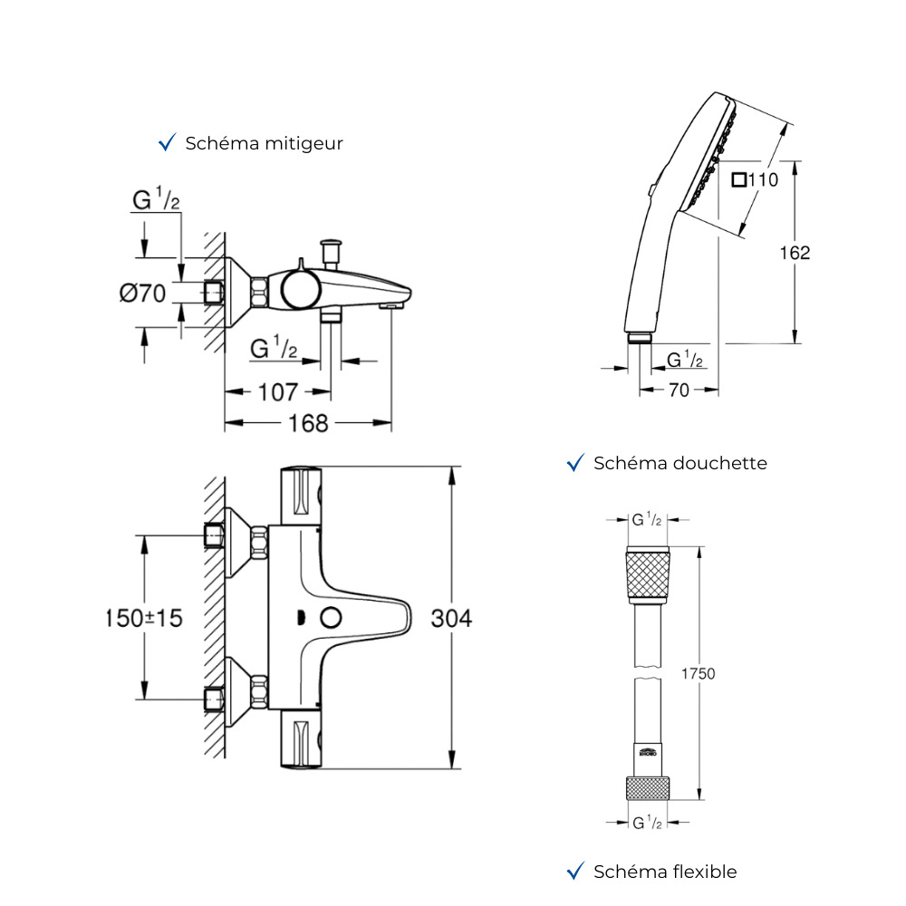 Ensemble GROHE Grohtherm 800 douchette carrée schéma