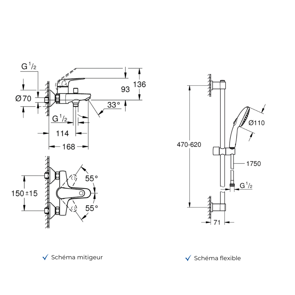 Ensemble GROHE Swift avec colonnettes avec douchette ronde et barre schéma