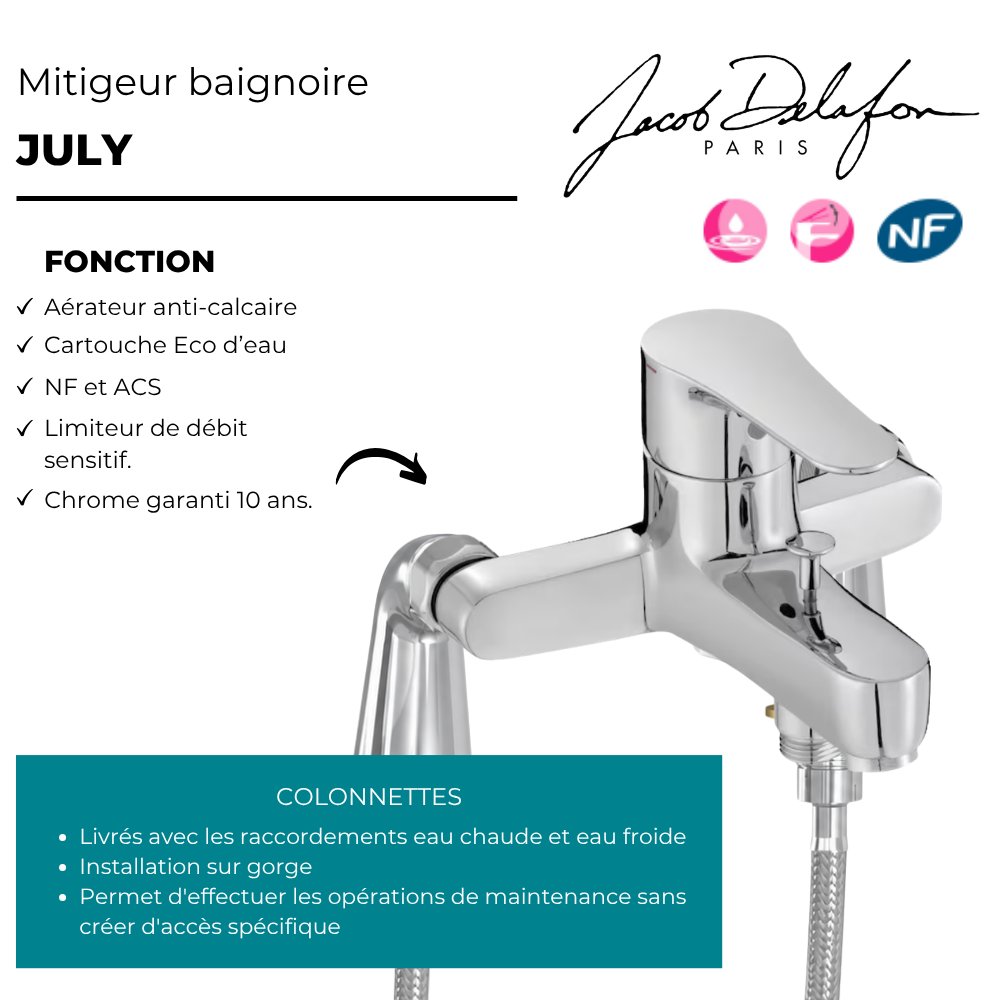 Mitigeur baignoire mécanique JACOB DELAFON July avec colonnettes Idro'Flex