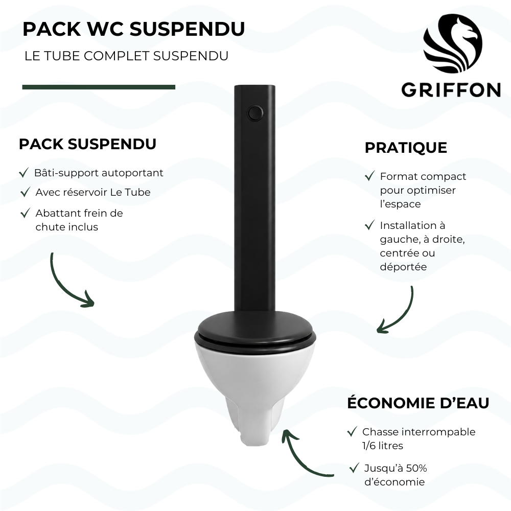 Pack WC suspendu GRIFFON 1950 Le Tube avec abattant frein de chute + Bâti-support autoportant Charbon présentation