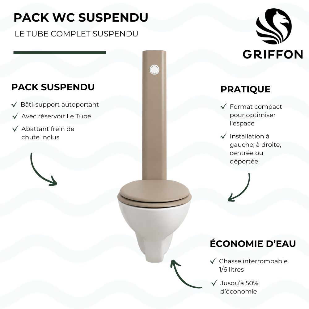 Pack WC suspendu GRIFFON 1950 Le Tube avec abattant frein de chute + Bâti-support autoportant Sable brut présentation