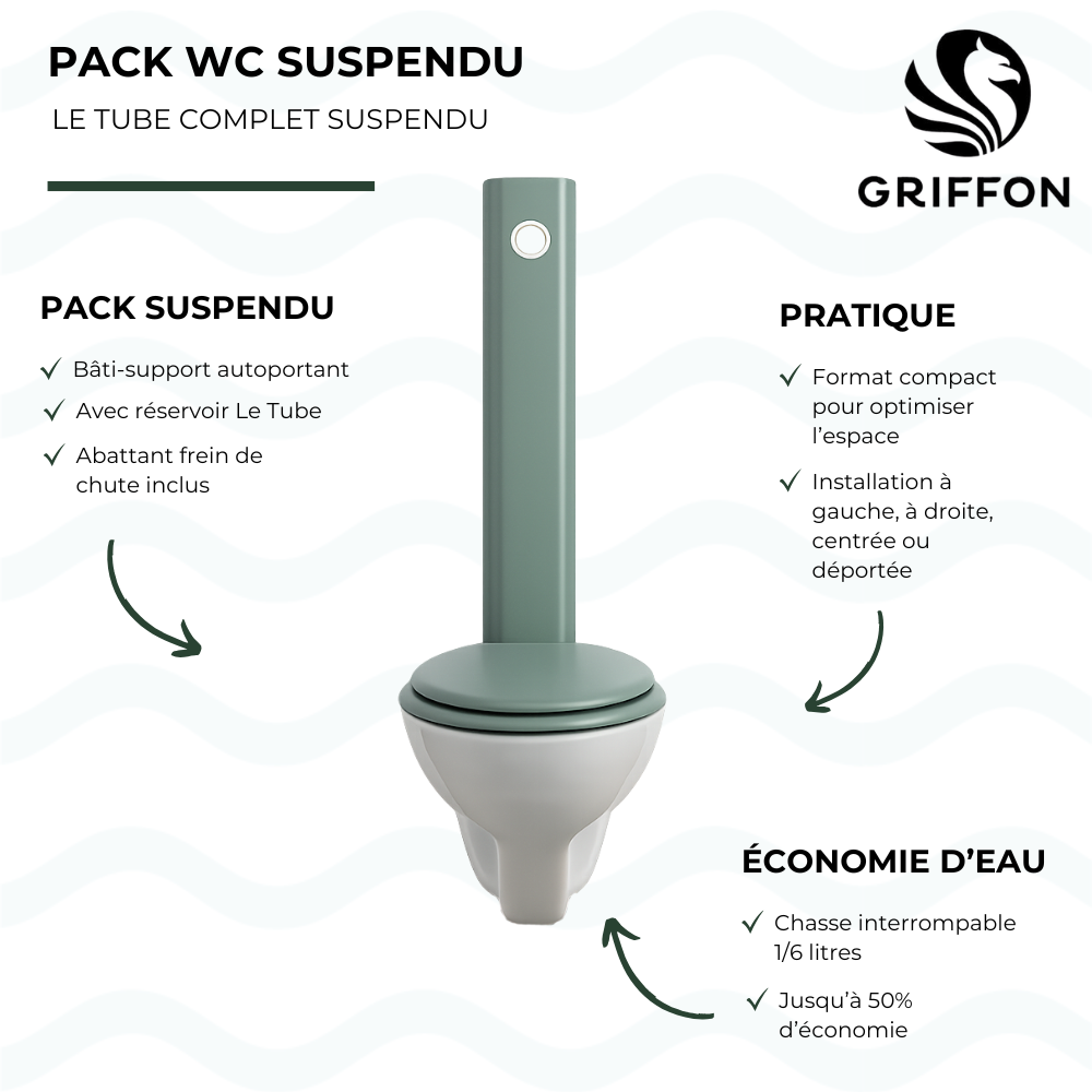 Pack WC suspendu GRIFFON 1950 Le Tube avec abattant frein de chute + Bâti-support autoportant Azur présentation