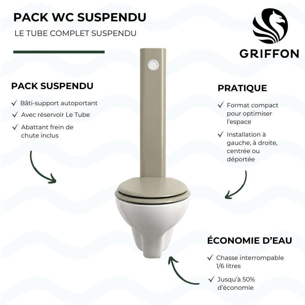 Pack WC suspendu GRIFFON 1950 Le Tube avec abattant frein de chute + Bâti-support autoportant Galet anodisé présentation