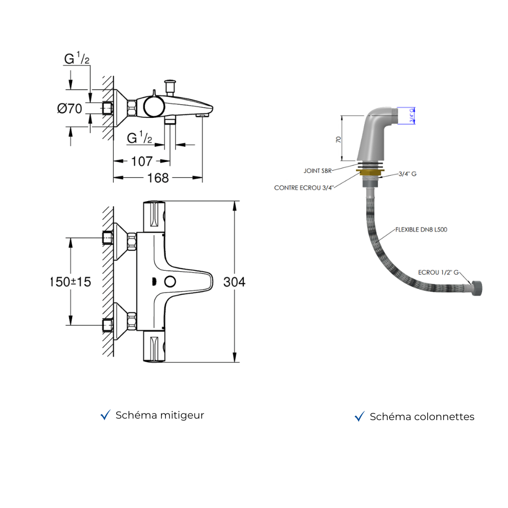 Mitigeur baignoire thermostatique GROHE Grohtherm 800 avec colonnettes Idro'Flex schéma