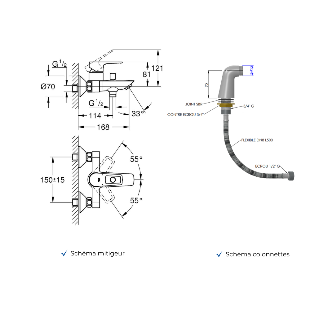 Mitigeur baignoire mécanique Grohe Start Loop avec colonnettes Idro'Flex schéma