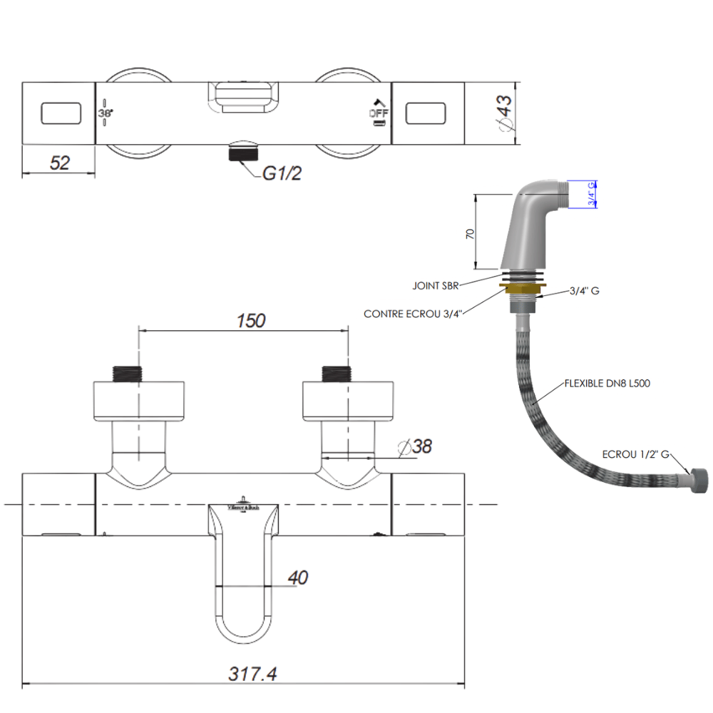 Les dimensions du mitigeur bain douche TVT00000100061 avec colonnettes Anquier
