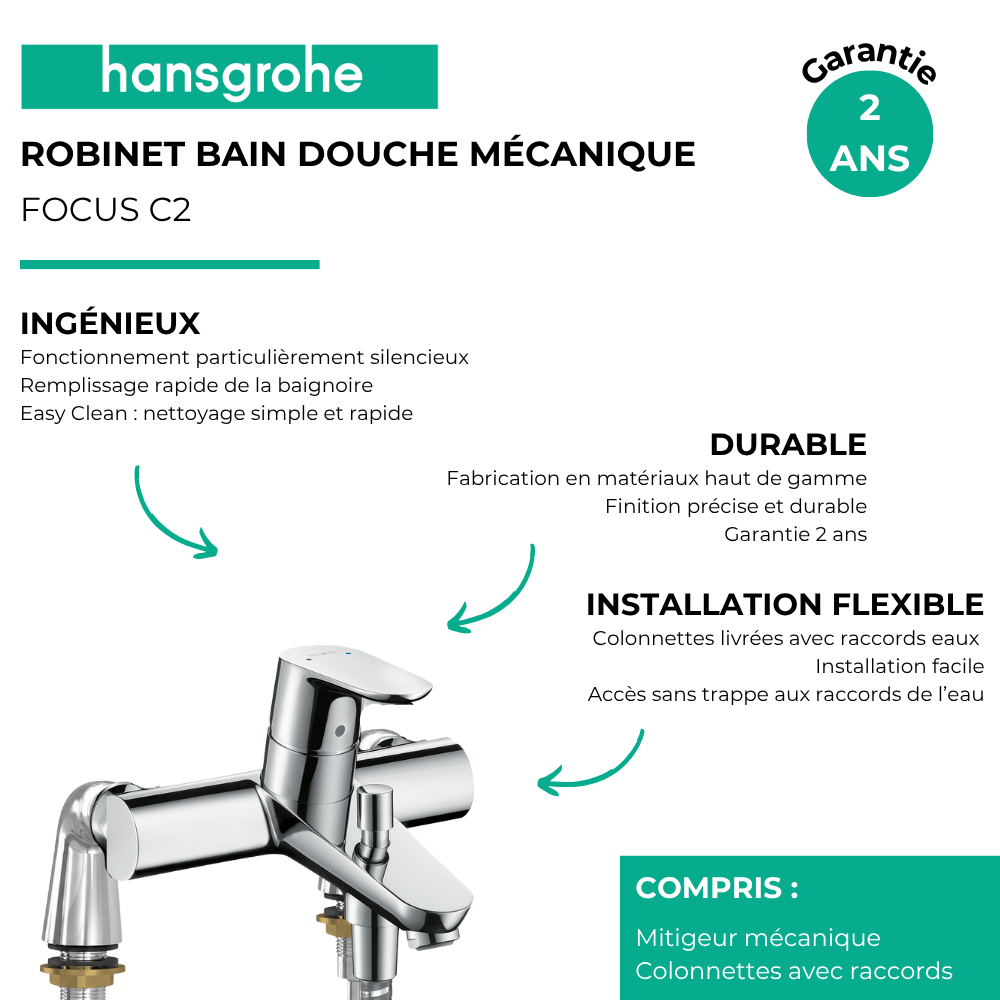 points forts du mitigeur bain douche mécanique HANSGROHE Focus C2 + colonnettes Idro'Flex Chromé