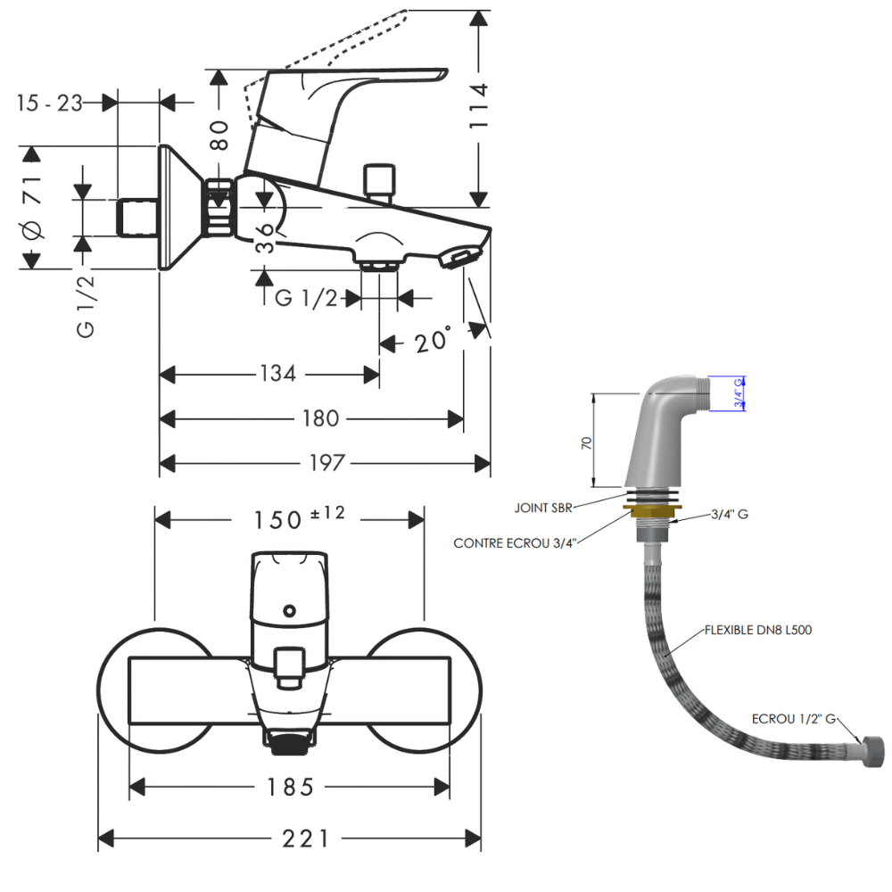 dimensions du robinet bain 31948000et colonnettes1809