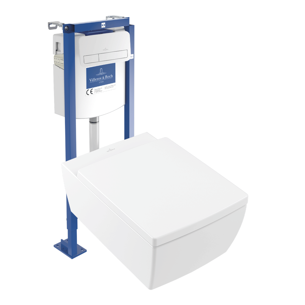 Pack WC suspendu sans bride VILLEROY & BOCH Memento 2.0 + abattant + bâti support autoportant + plaque blanche