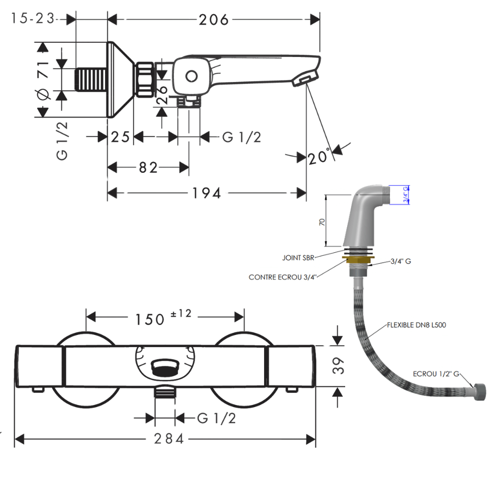 schéma technique du robinet bain douche 13123000 ecostat universal avec les colonnettes Anquier 1809