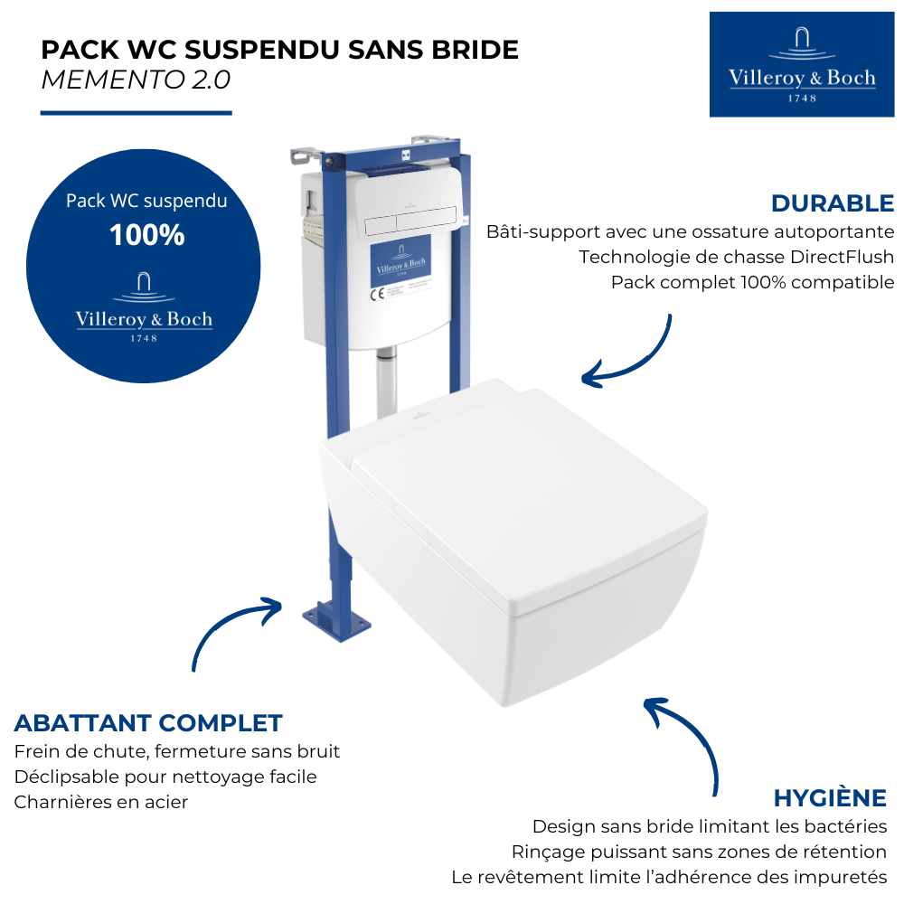 Pack WC suspendu sans bride VILLEROY & BOCH Memento 2.0 4633R001_8M24S101_92246500 | Batinea