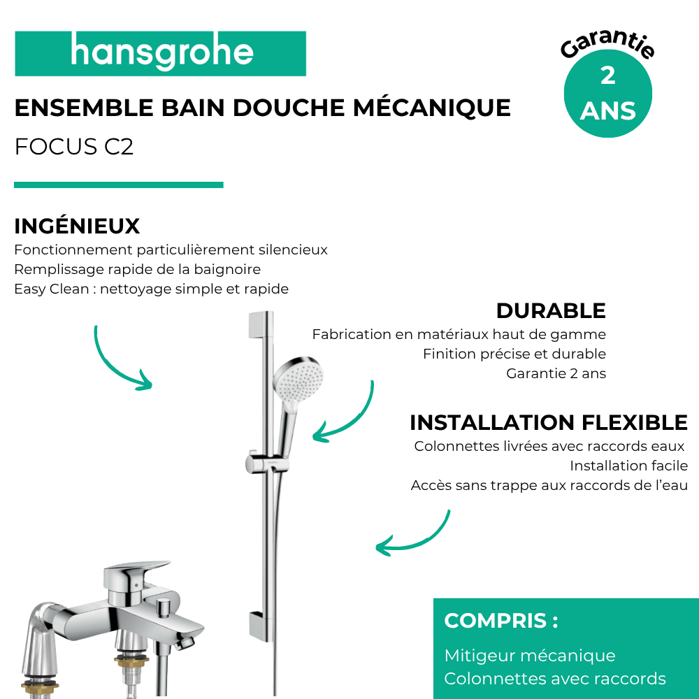 Pack mitigeur bain douche mécanique HANSGROHE Logis + ensemble de douche  + colonnettes Idro'Flex Chromé