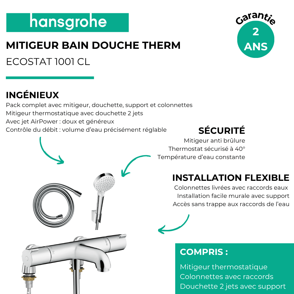 Mitigeur bain douche thermostatique HANSGROHE Ecostat 1001 CL + colonnettes Idro'Flex + Pommeau  2 jets + Flexible  + Support  C