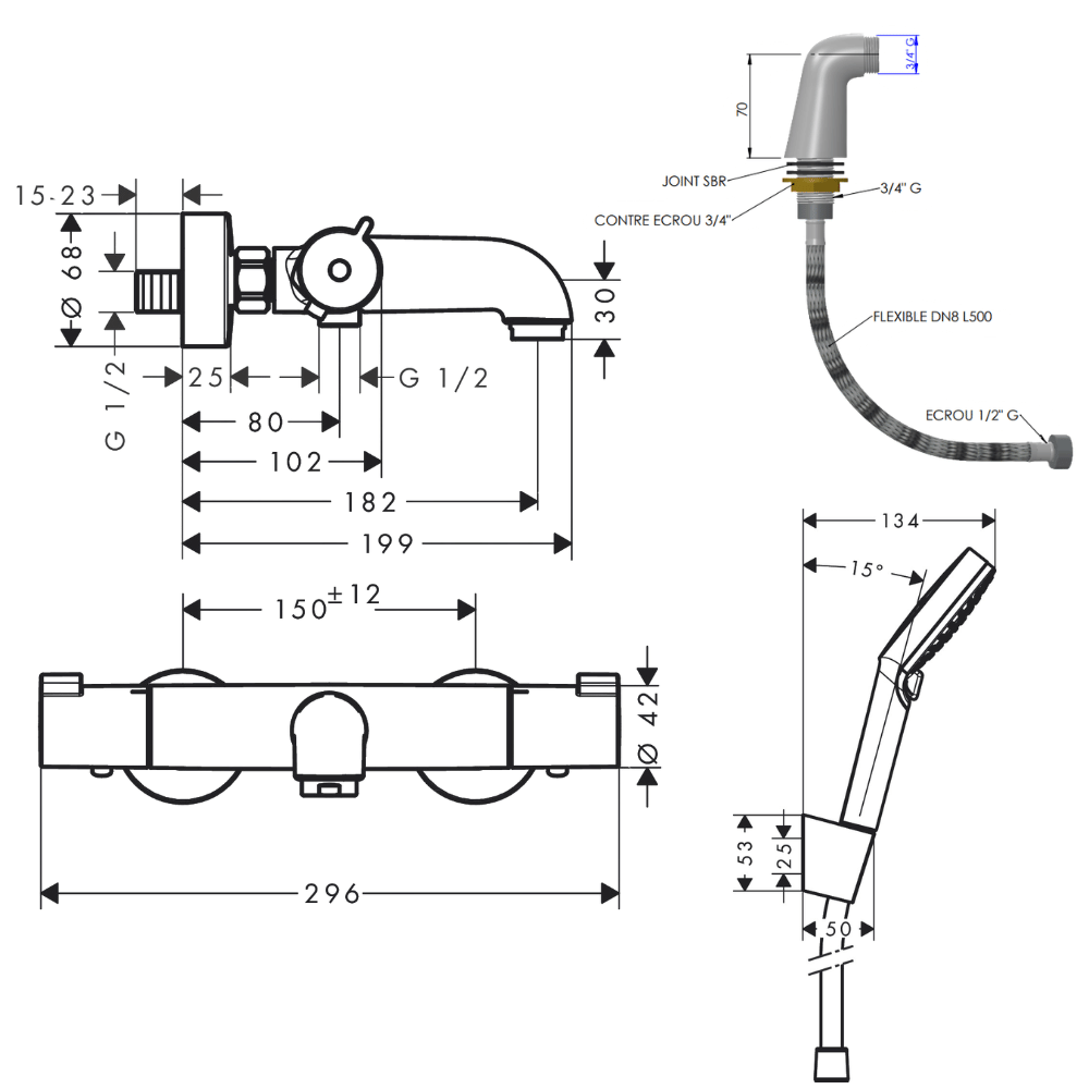 Mitigeur bain douche thermostatique HANSGROHE Ecostat 1001 CL + colonnettes Idro'Flex + Pommeau  2 jets + Flexible  + Support  C