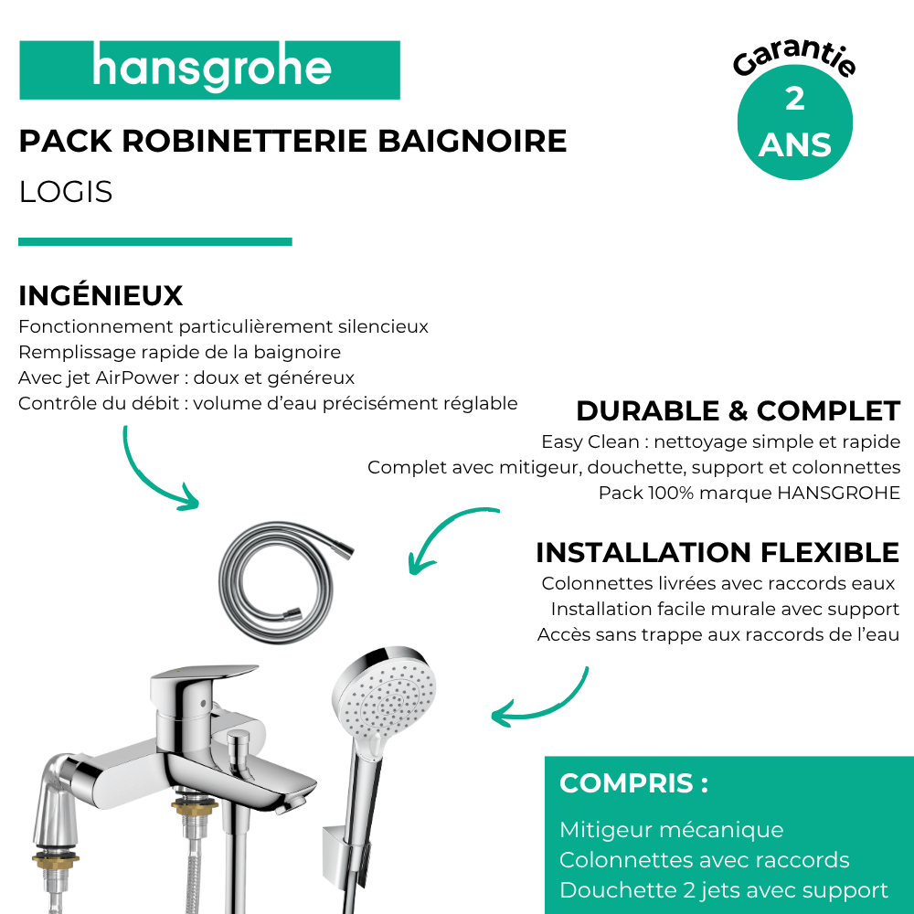 Pack bain douche mécanique HANSGROHE Logis + colonnettes Idro'Flex + Pommeau  2 jets + Flexible  + Support mural chromé