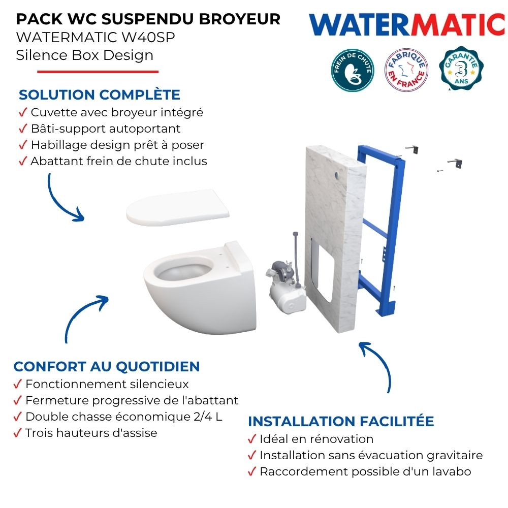 Pack WC suspendu broyeur WATERMATIC W40SP Silence Box Design présentation