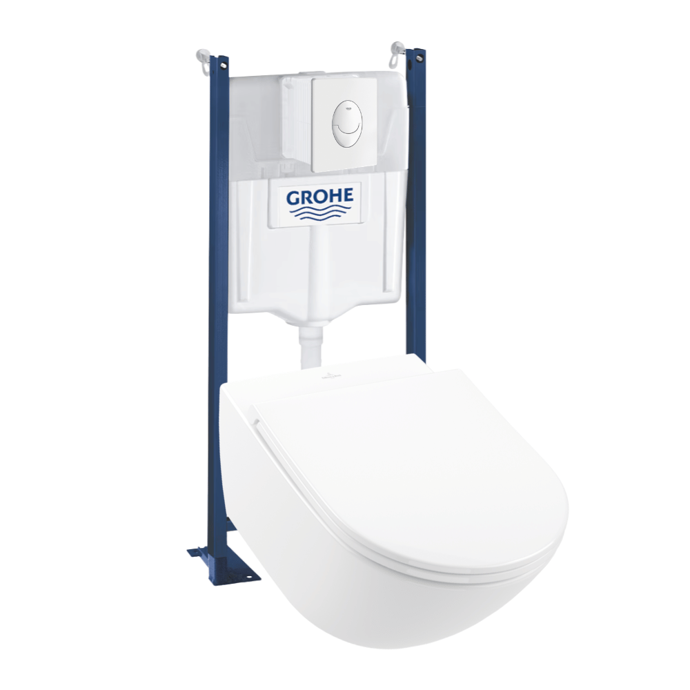 Pack WC suspendu VILLEROY ET BOCH Universo TwistFlush + Abattant frein de chute + Bâti support sol mur GROHE + Plaque| Batinea