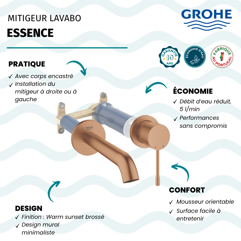Mitigeur mural lavabo GROHE Essence Taille M warm sunset brossé avec corps encastré avantages