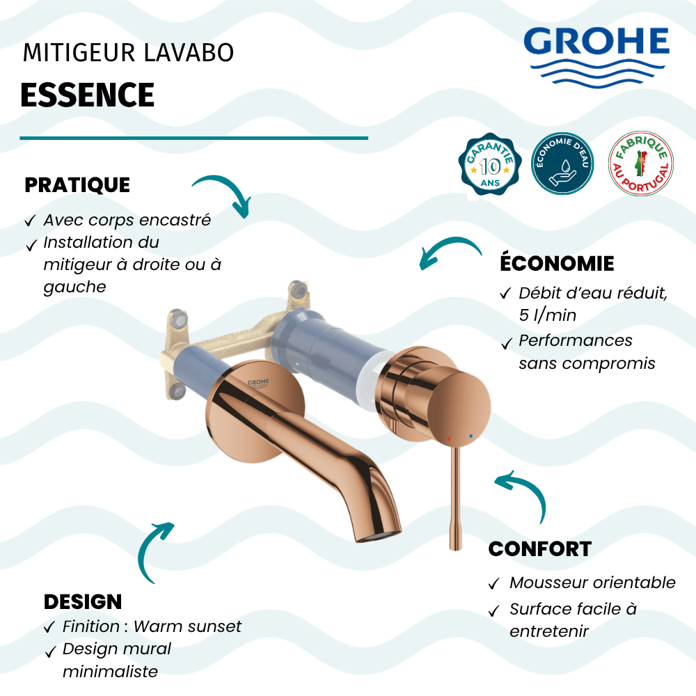 Mitigeur mural lavabo GROHE Essence Taille L warm sunset avec corps encastré avantages