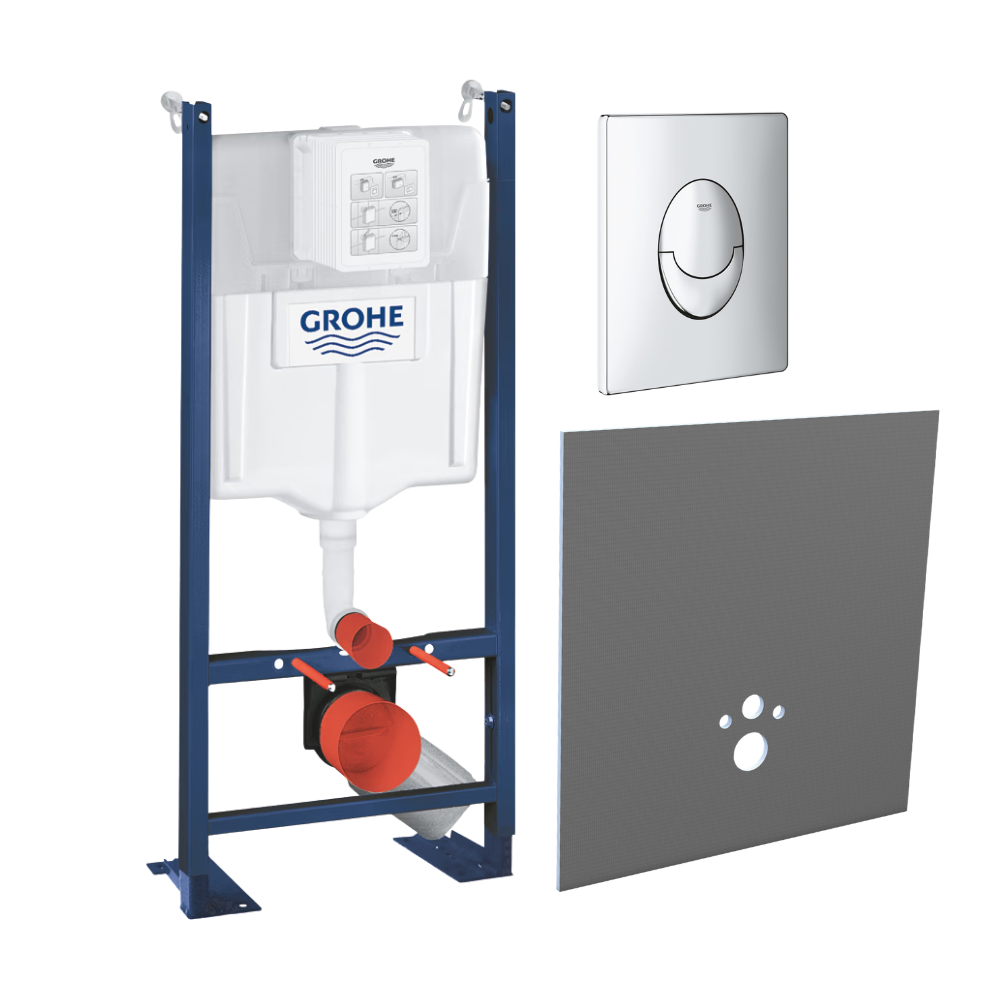 Pack bâti-support mur porteur GROHE Rapid SL Projet + Habillage bâti-support WEDI I-Board + Plaque chromée face