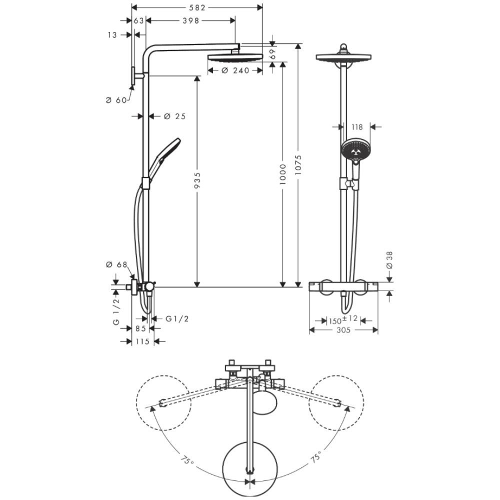 Colonne de douche thermostatique HANSGROHE Raindance Select S 240 2 jets chromé schéma