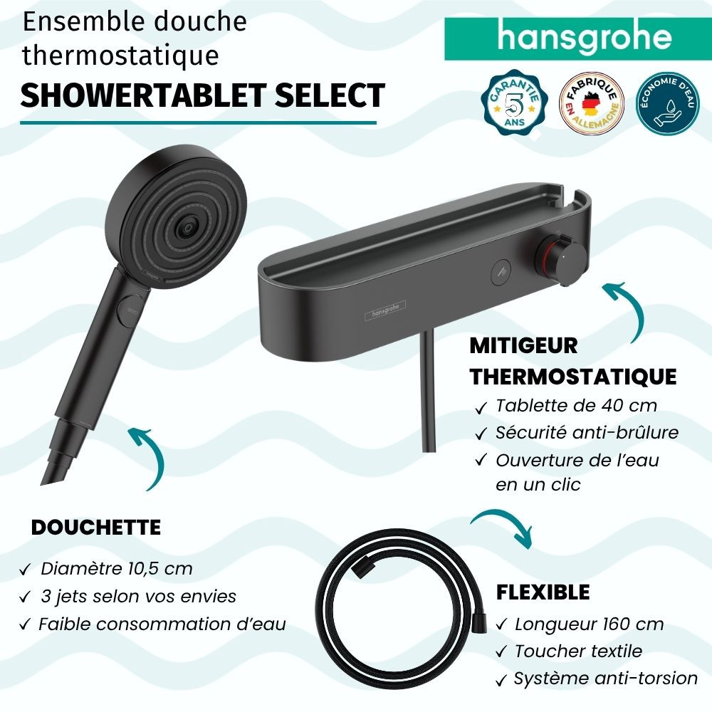Pack mitigeur douche thermostatique HANSGROHE ShowerTablet Select + Flexible Designflex + Pommeau 3jets Pulsify Select S |Batine