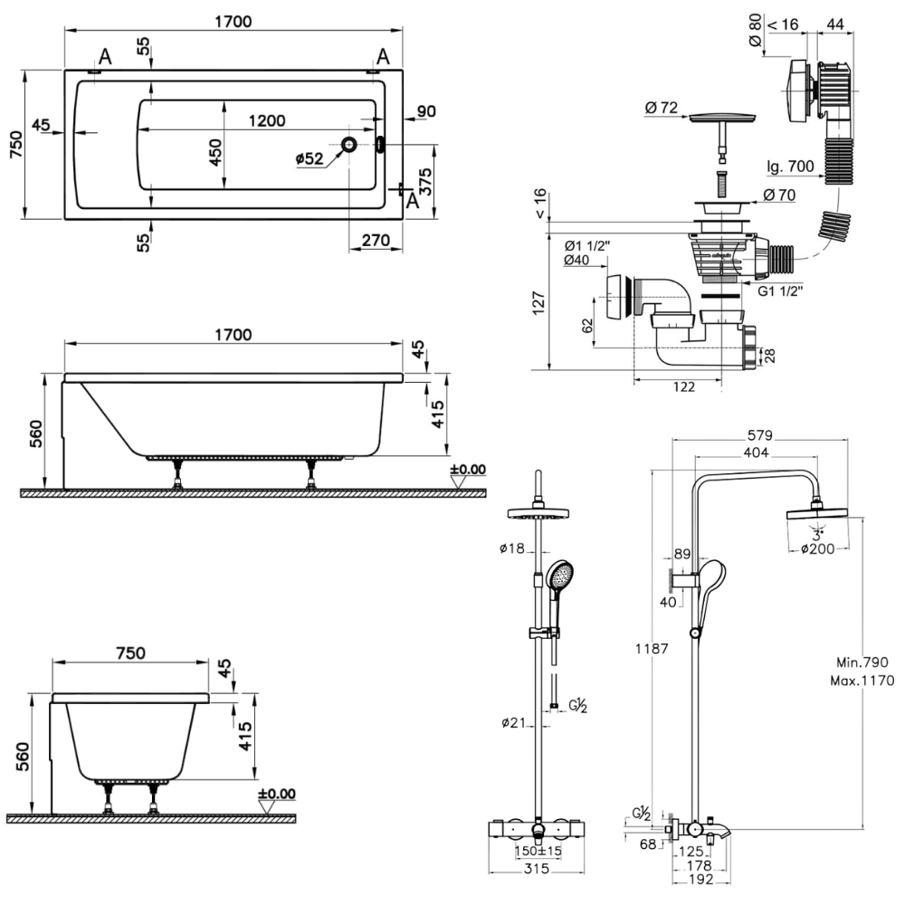Baignoire droite 170x75cm avec pieds VITRA Neon blanc + Vidage WIRQUIN + Colonne bain douche thermostatique chromé | Batinea