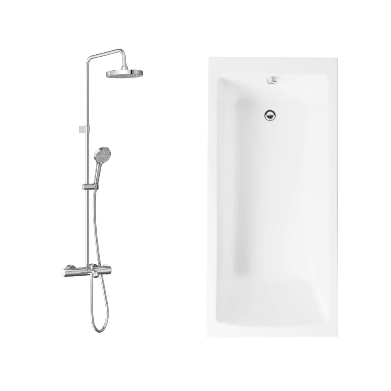 Baignoire droite 170x75cm avec pieds VITRA Neon blanc + Vidage WIRQUIN + Colonne bain douche thermostatique chromé