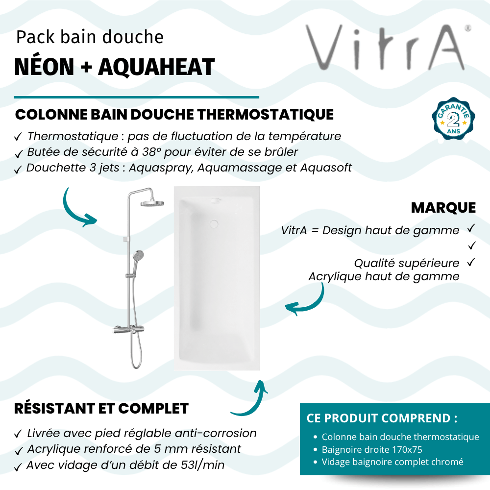 les avantages du pack baignoire 52280007000 de VitrA vidage blanc inclus avec colonne bain douche A47303EXP