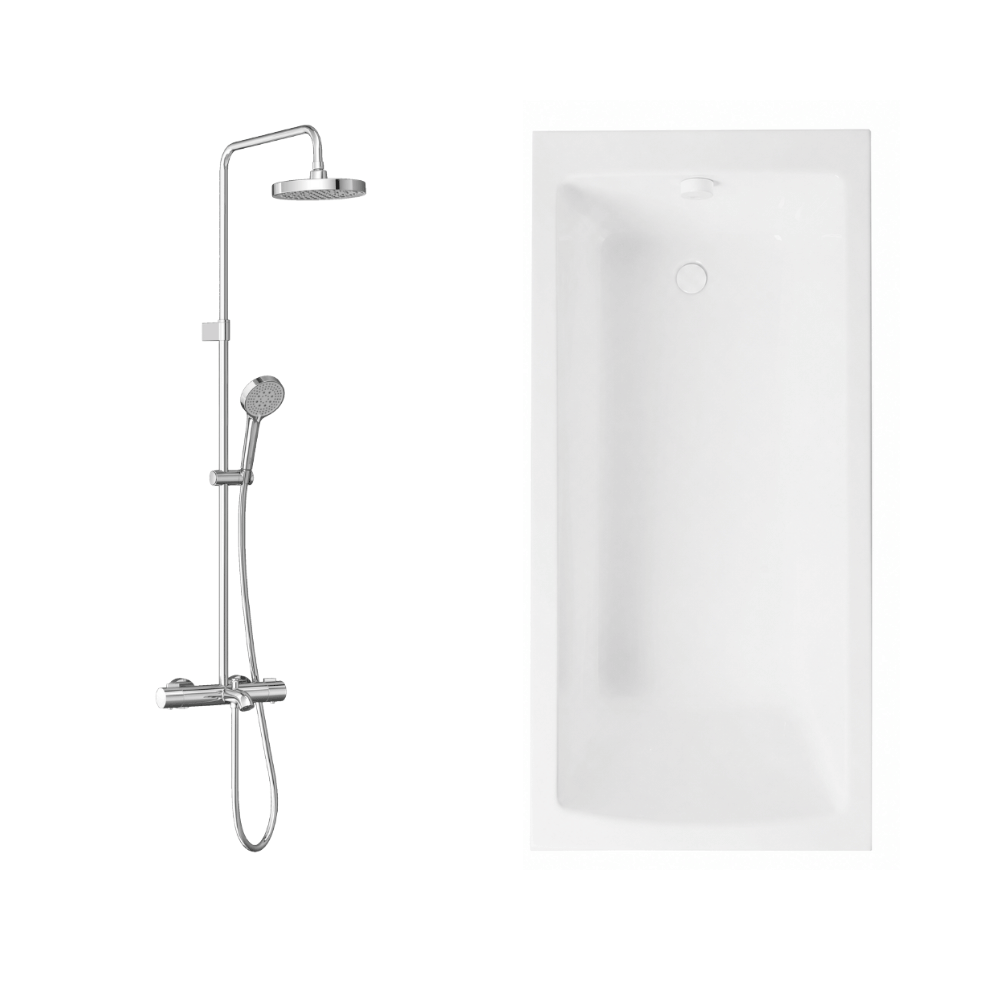 Baignoire droite 170x75cm avec pieds VITRA Neon blanc + Vidage WIRQUIN blanc + Colonne bain douche thermostatique chromé