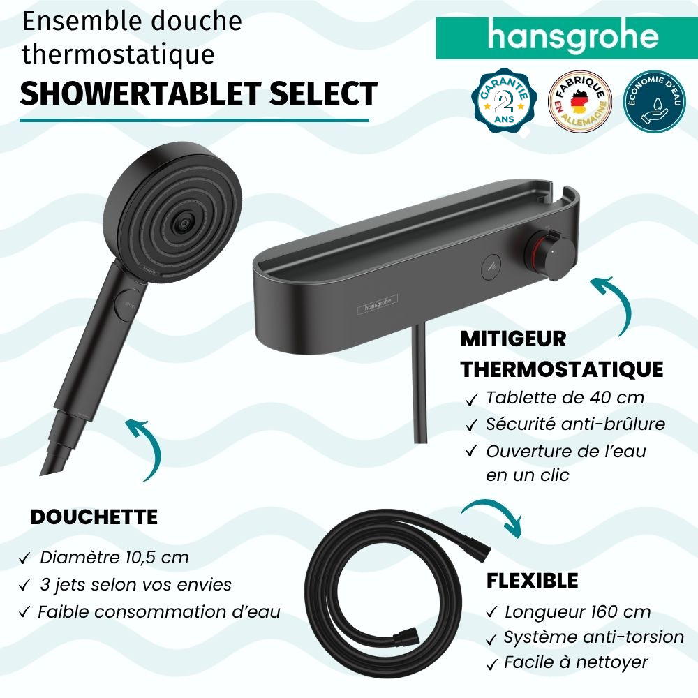 Pack mitigeur douche thermostatique HANSGROHE ShowerTablet Select + Flexible Isiflex + Pommeau 3jets Pulsify Select S|Batinea